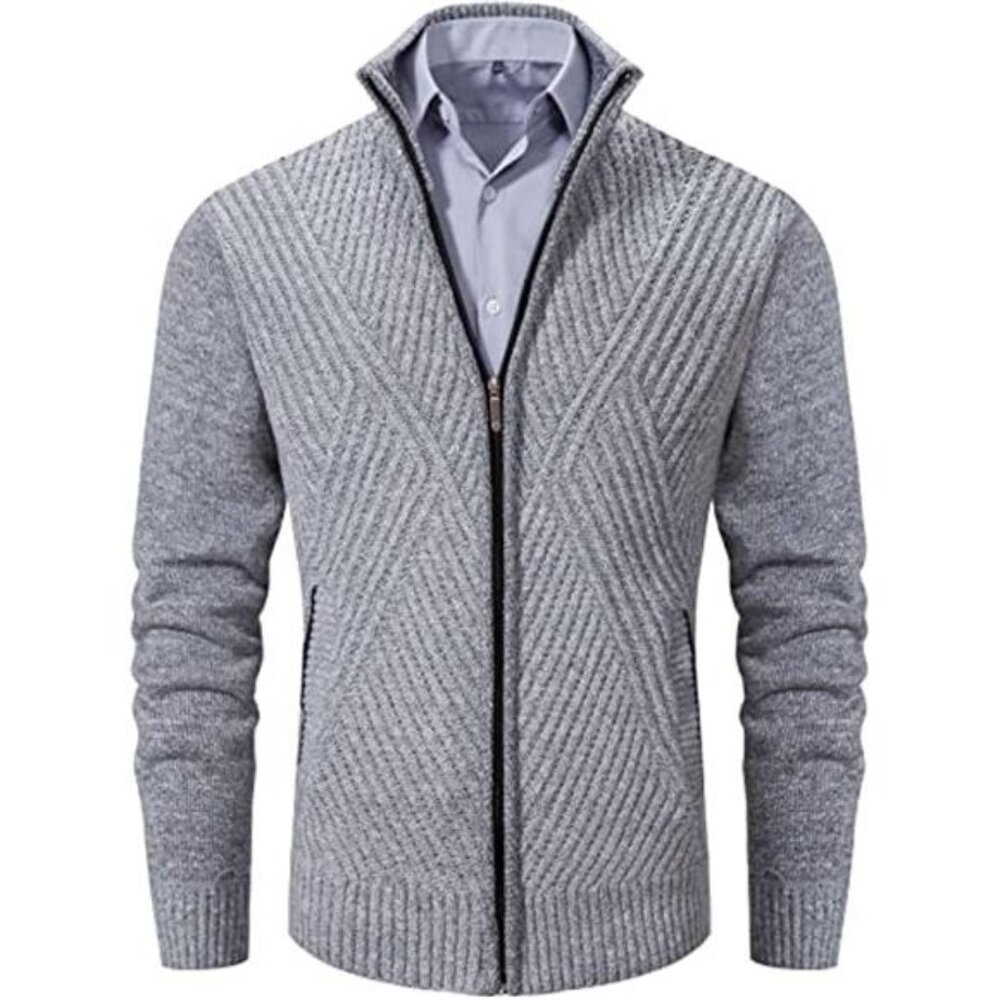 Mens Full Zip Cardigan Sweater Stand Collar Knitted Warm Casual Sweater